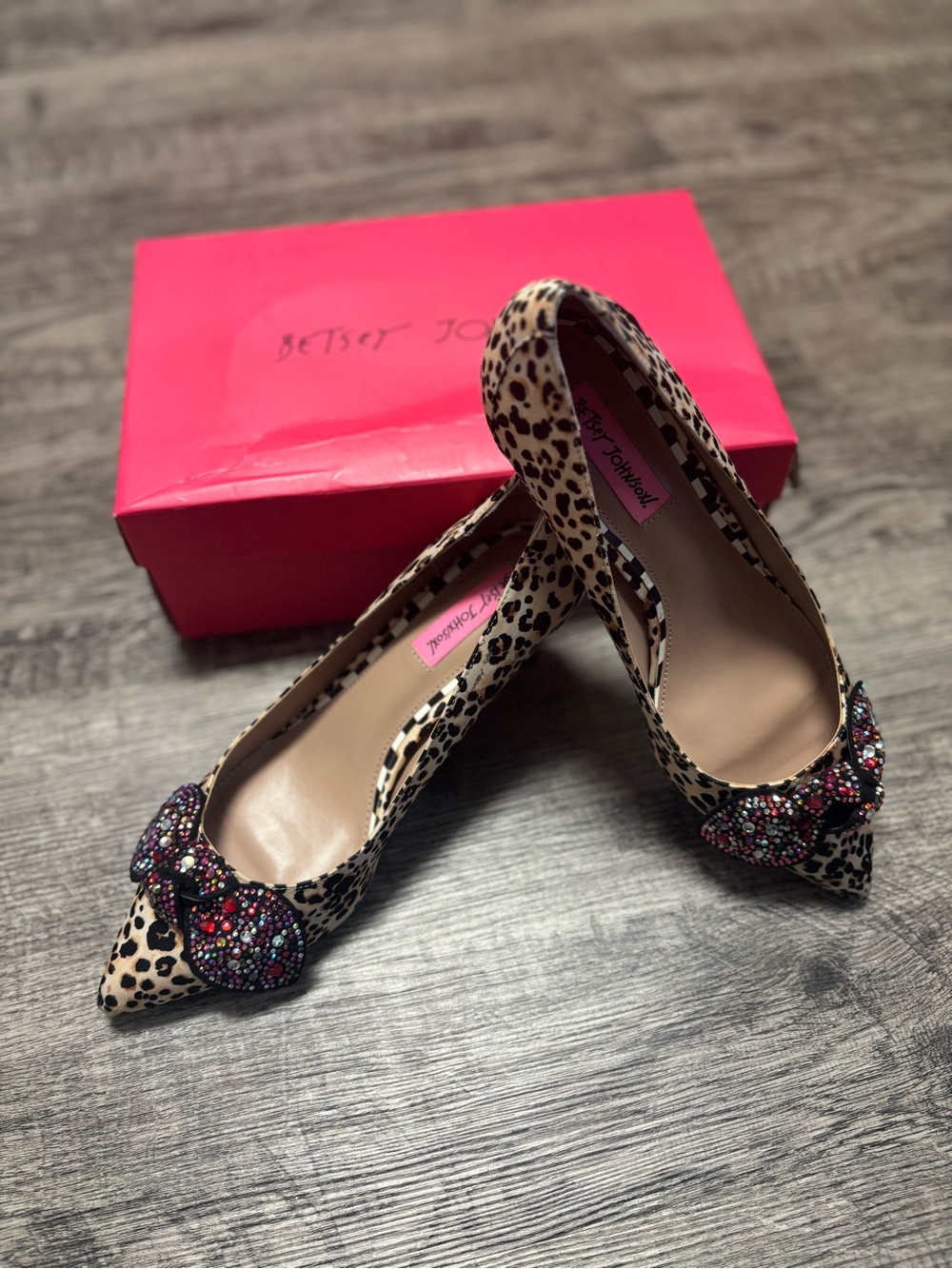 Betsey Johnson Leopard Print Pointed Toe Heels with Multicolor Beaded Bow